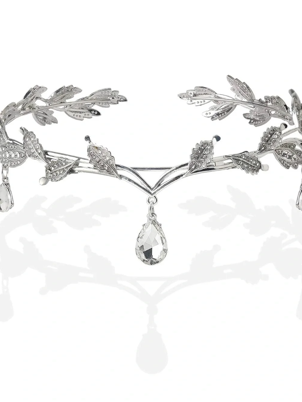 Silver Crystal Leaf Teardrop Tiara Headband